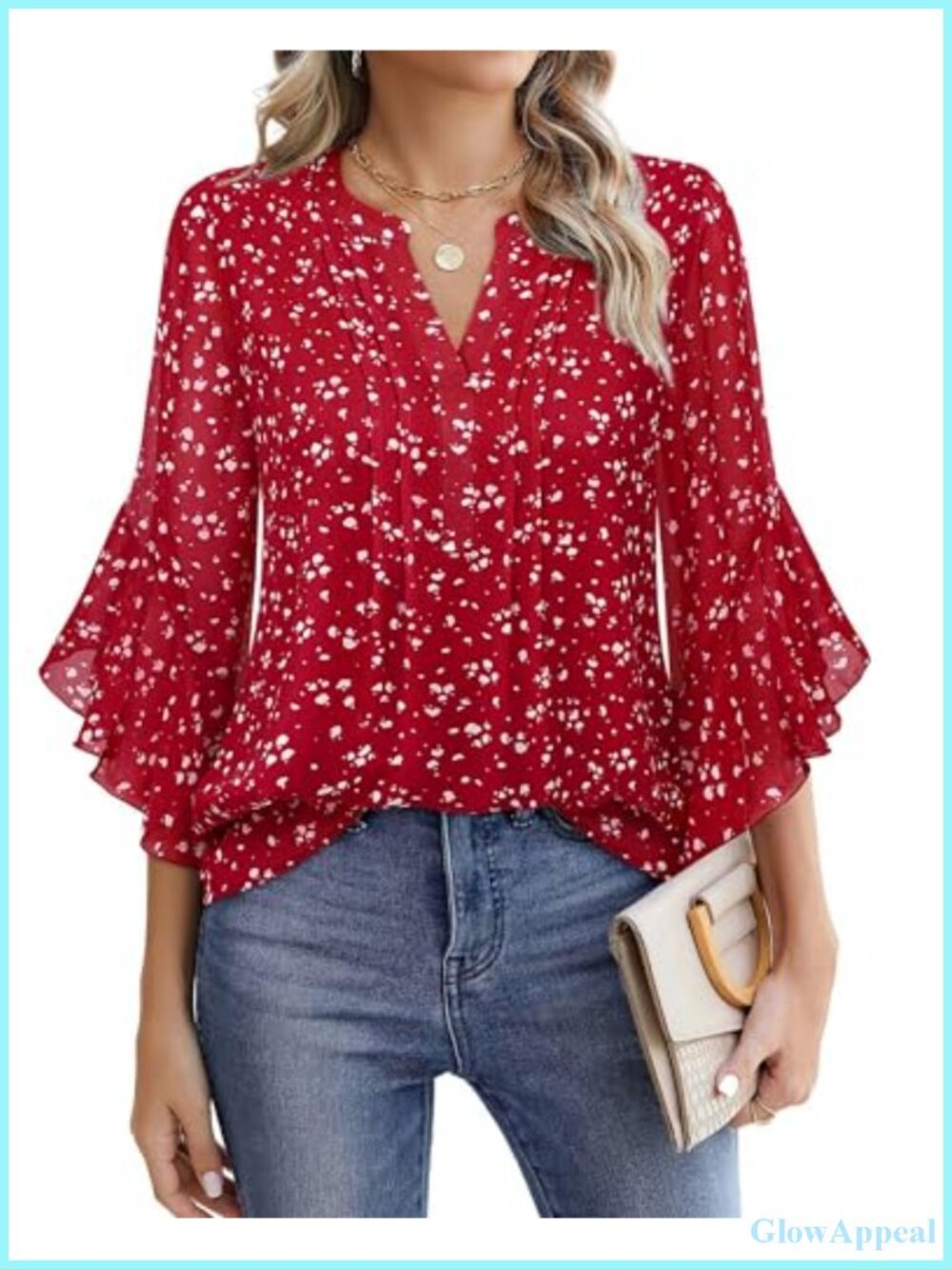 Women's 3/4 Sleeve Ruffle Chiffon Blouse Business Casual V-Neck Pleated